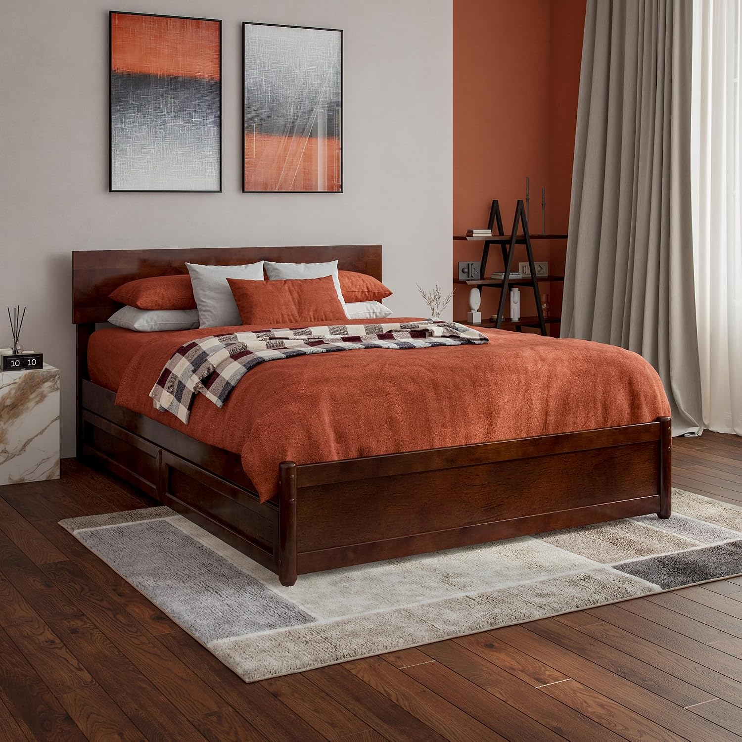 AFI, Wesley Full Platform Bed with Panel Footboard and Storage Drawers, Walnut