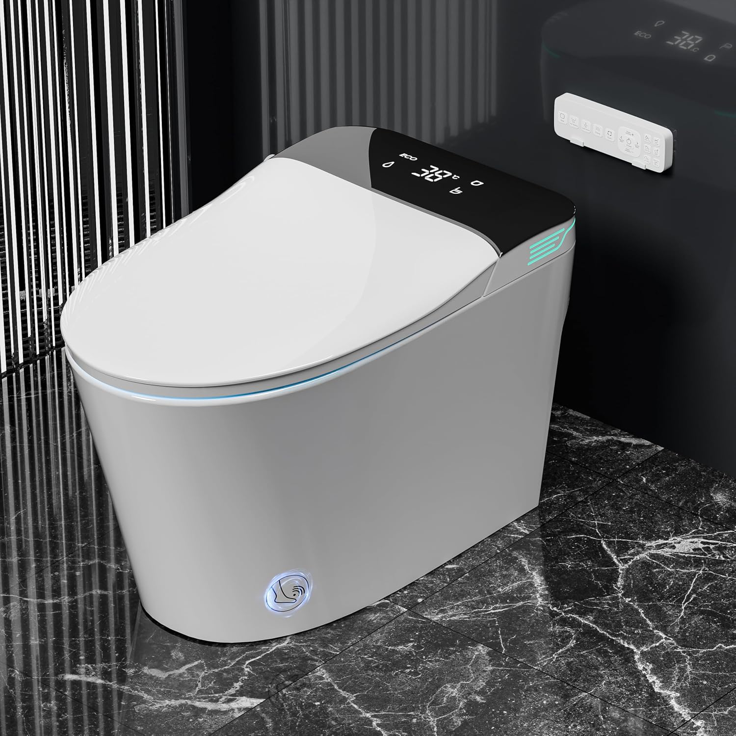 Smart toilet with Bidet Built In Vioce Control AUTO Open & Close, One piece toilet Off-seat AUTO Flush, Heated Toilet Seat Remote Control Warm Water Sprayer and Dryer (BSJ-black)
