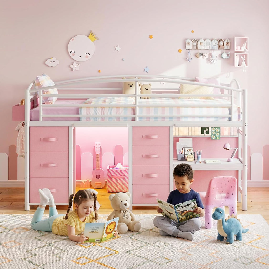 Low Loft Bed Twin Size with 7 Storage Drawers, Desk and LED Lights, Heavy Duty Metal Kids Loft Bed with 12' H Safety Guardrail, Anti-Collision Pad, Private Play Curtain, Under-Bed Play Space - Pink