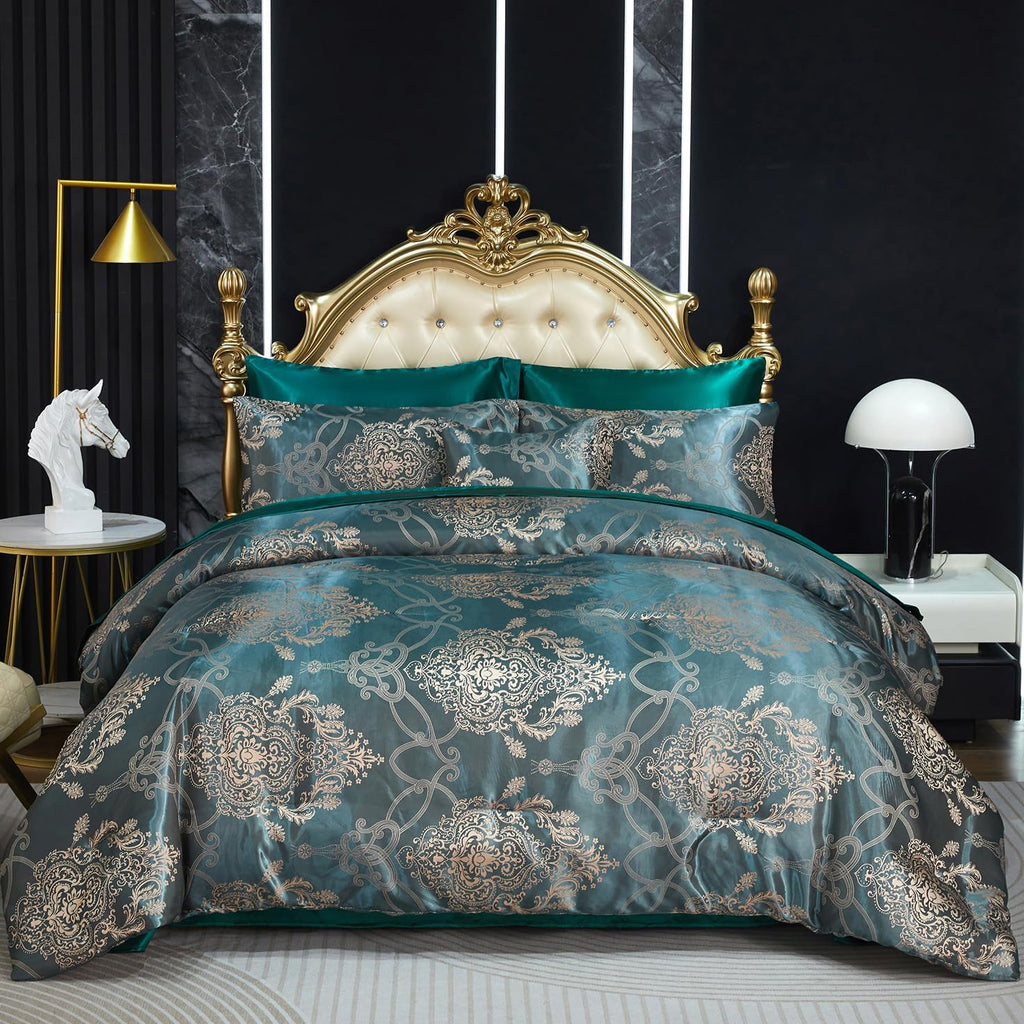 Green Jacquard King Comforter Set Sheet Set Elegant Bedding Set 8 Pcs Embroidery Neoclassical Floral Pattern Bed Home Decor Soft Down Comforter Luxury Hotel Silky Bed in a Bag with 1 Cushion Cover
