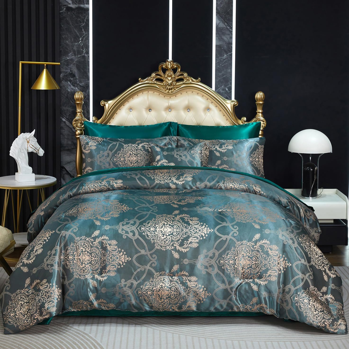 Green Jacquard King Comforter Set Sheet Set Elegant Bedding Set 8 Pcs Embroidery Neoclassical Floral Pattern Bed Home Decor Soft Down Comforter Luxury Hotel Silky Bed in a Bag with 1 Cushion Cover