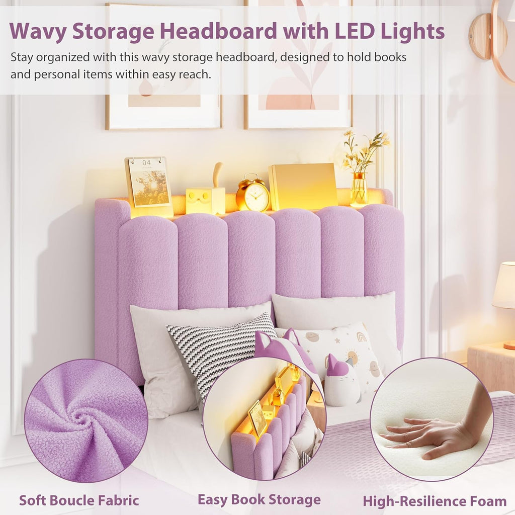 Garvee LED Twin Size Bed Frame with Storage Headboard, Kids Bed Frame with 2 Drawers, Boucle Upholstered Platform Bed for Girls, Chic Wavy Headboard with Bookcase, No Box Spring Needed, Purple