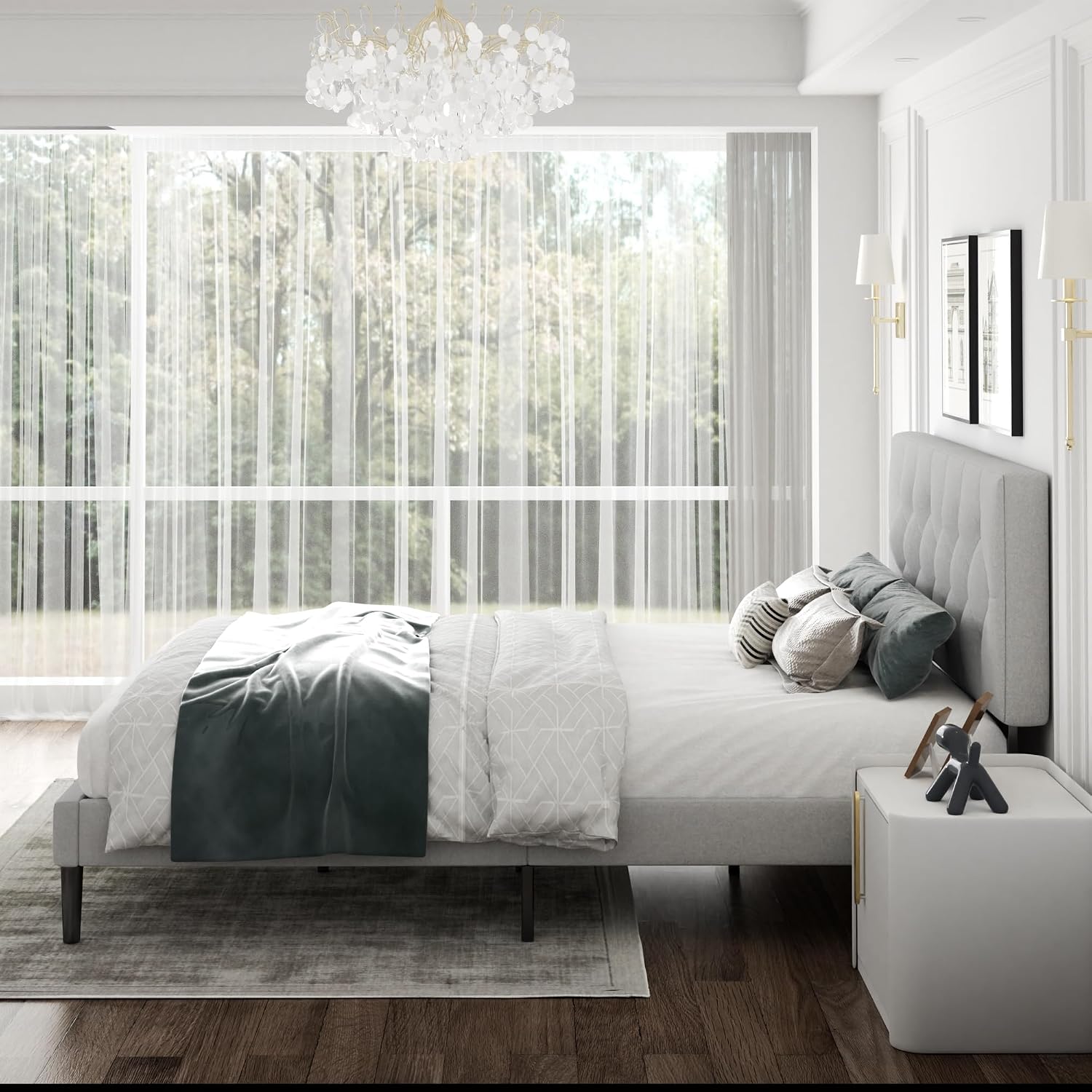 CXVX Full Size Platform Bed Frame with Upholstered Headboard, Button Tufted Design, Strong Wooden Slats, No Box Spring Needed, Easy Assembly, Noise Free
