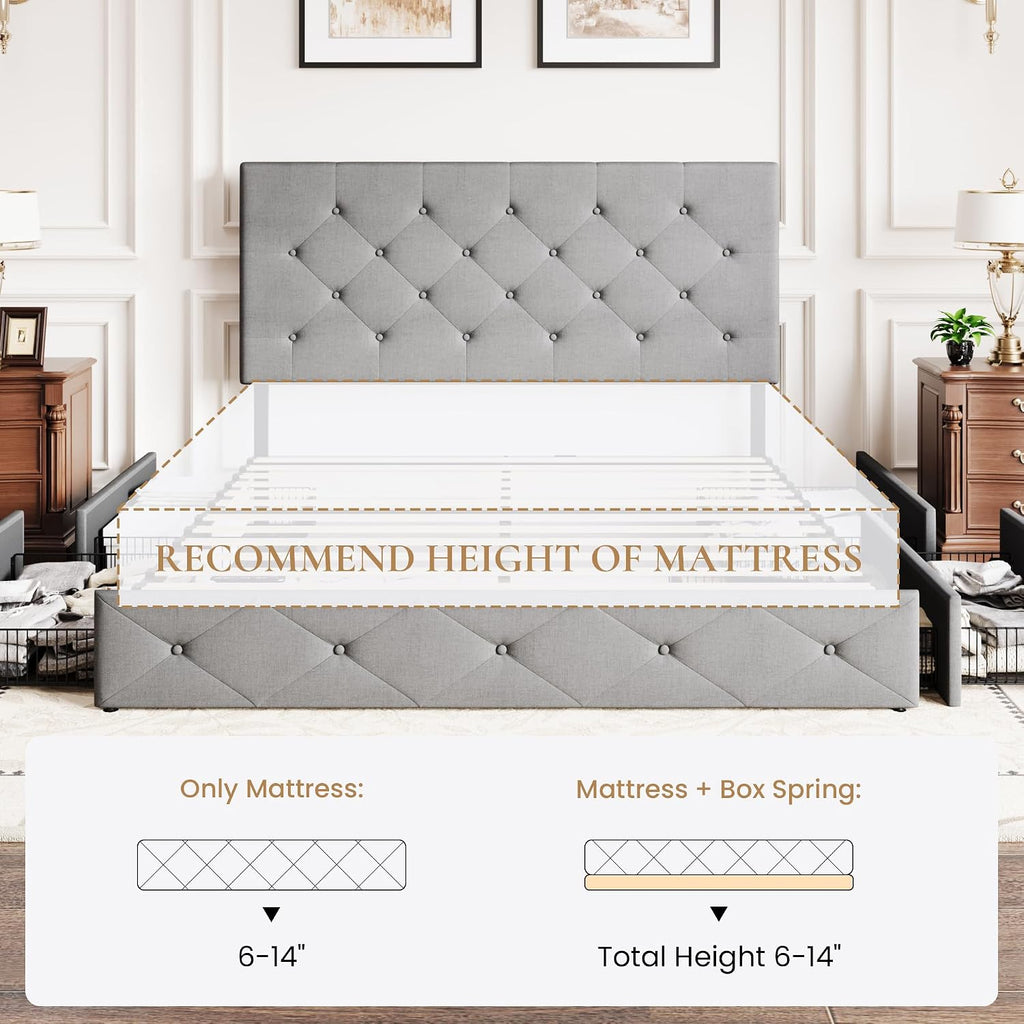 SHA CERLIN Upholstered Queen Size Platform Bed Frame with 4 Storage Drawers, Adjustable Headboard with Diamond Stitched Button Tufted Design, Wooden Slat Support, No Box Spring Needed, Light Grey