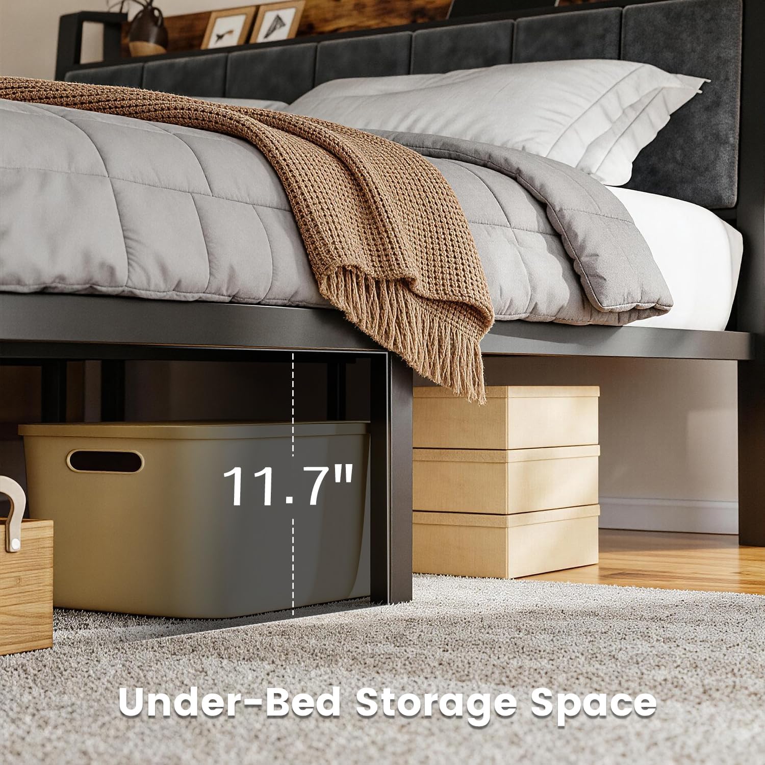 Queen Size Bed Frame with Charging Headboard, Metal Platform Bed with Smart LED Lights, Heavy Duty Metal Slats, No Box Spring Need