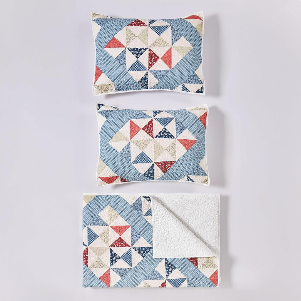 Modern Heirloom Americana Heartland Quilt Set, King, Red White Blue | Pieced Sashing with Printed Star & Pinwheel Blocks| Cotton Face and Fill| 3-Piece