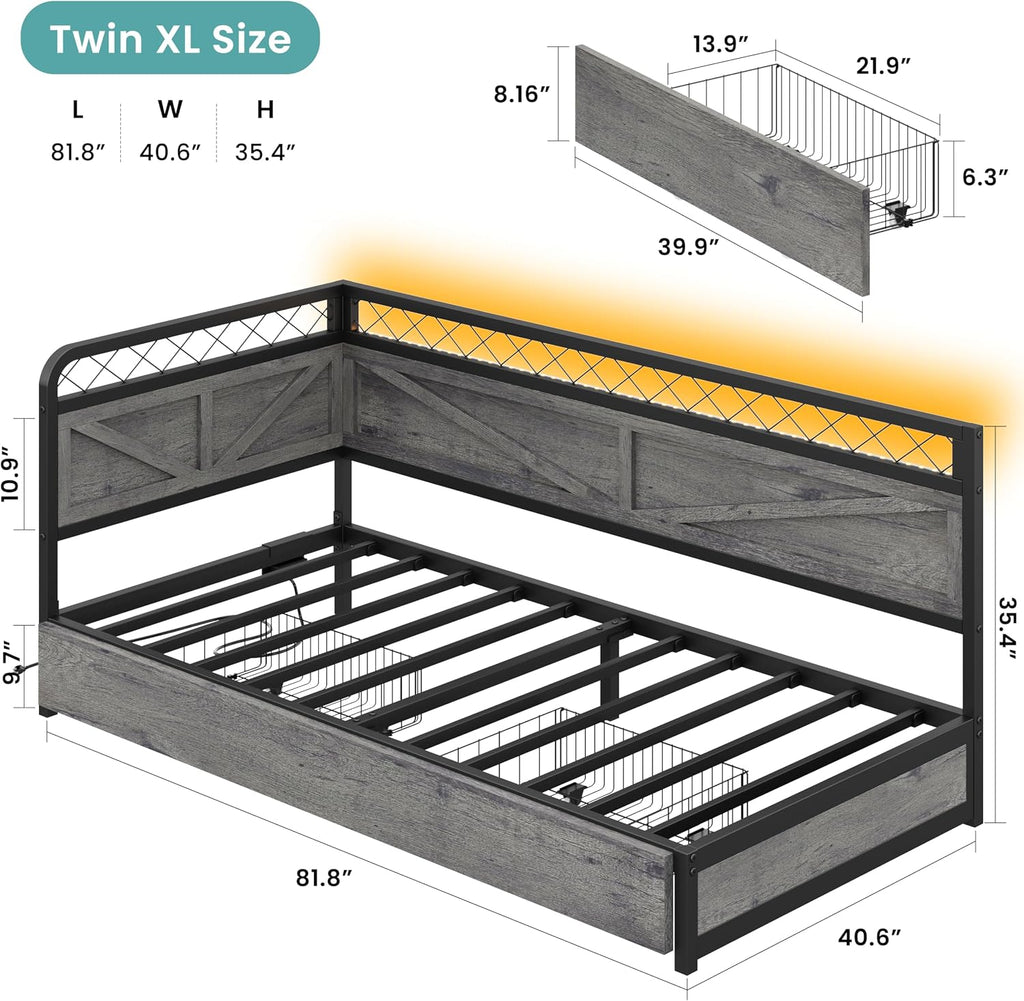 ANCTOR Twin XL Corner Bed Frame with Storage Drawers, Daybed with LED Lights and Charging Station, No Box Spring Needed, Heavy Duty, Easy Assembly for Living Room, Bedroom and Guest Room, Grey