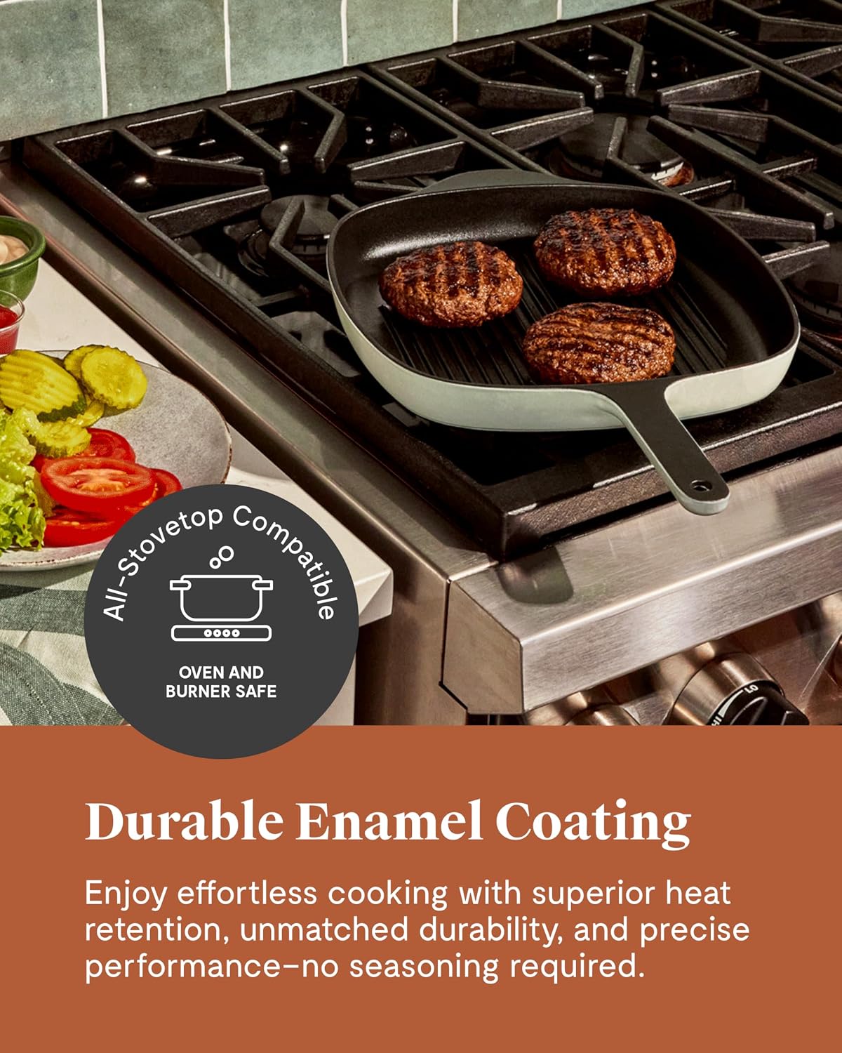 Caraway Enameled Cast Iron Grill Pan - 10.5' Grill Pan for Stovetop Cooking - 3 Layer Enamel Coating - No Seasoning Required - Compatible With All Stovetops - Free From Forever Chemicals - Charcoal