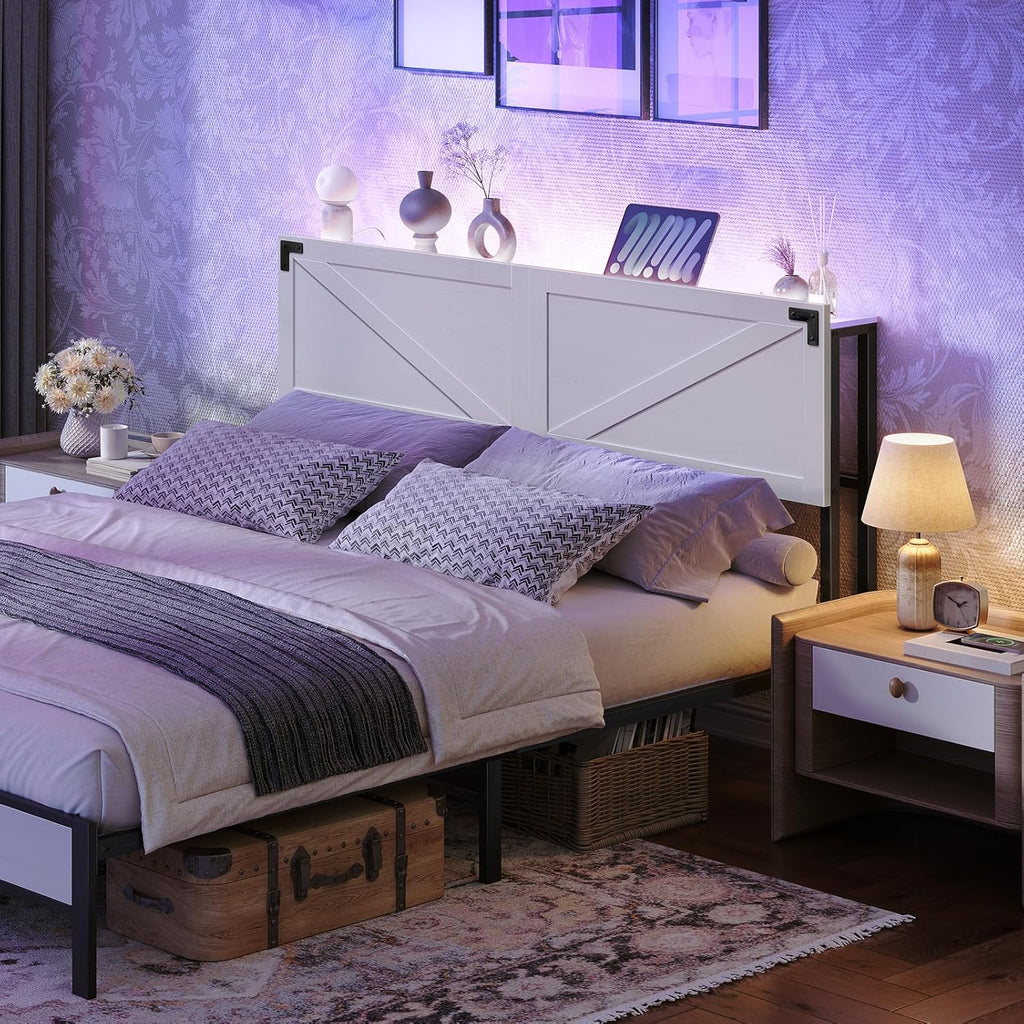 MAHANCRIS Queen Size Headboard Only, Headboard with 2 Outlets and 2 USB Ports, Farmhouse Headboard, with LED Lights, Secure Storage with Raised Fence, with Bed Frame Adapter, White and Black