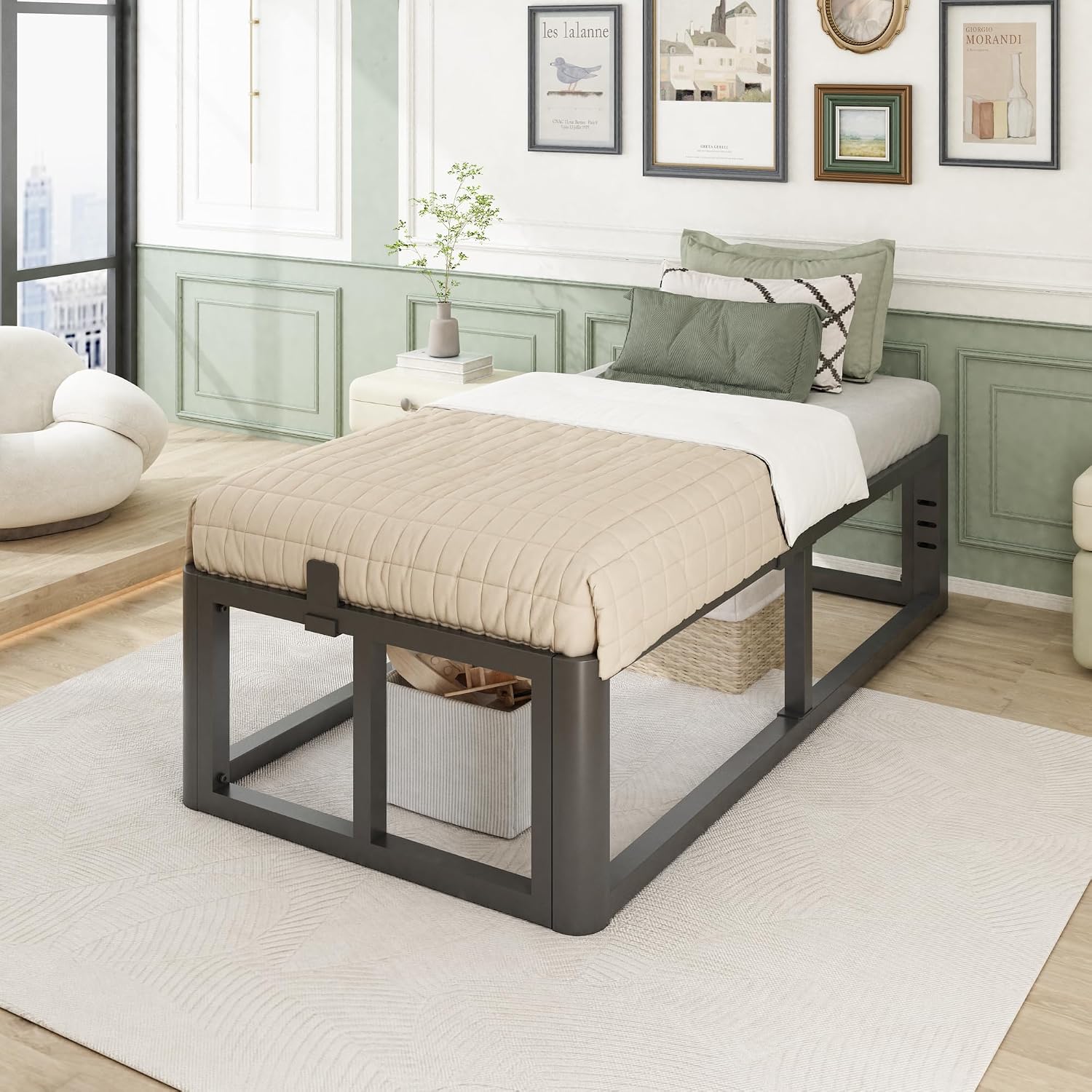 Firpeesy Metal Heavy Duty 18 inch Twin XL Bed Frame with Rounded Corner and Headboard Hole Mattress Retainers 3500 LBS No Box Spring Needed Platform Noise Free Easy Assembly