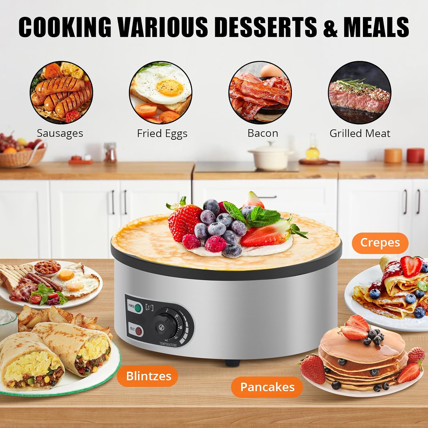 16' Commercial Electric Crepe Maker & Pancake Griddle, 1500W Non-Stick Plate, Stainless Steel Round Base, Adjustable Temp Control, 110V for Crepes Blintzes Eggs Bacon