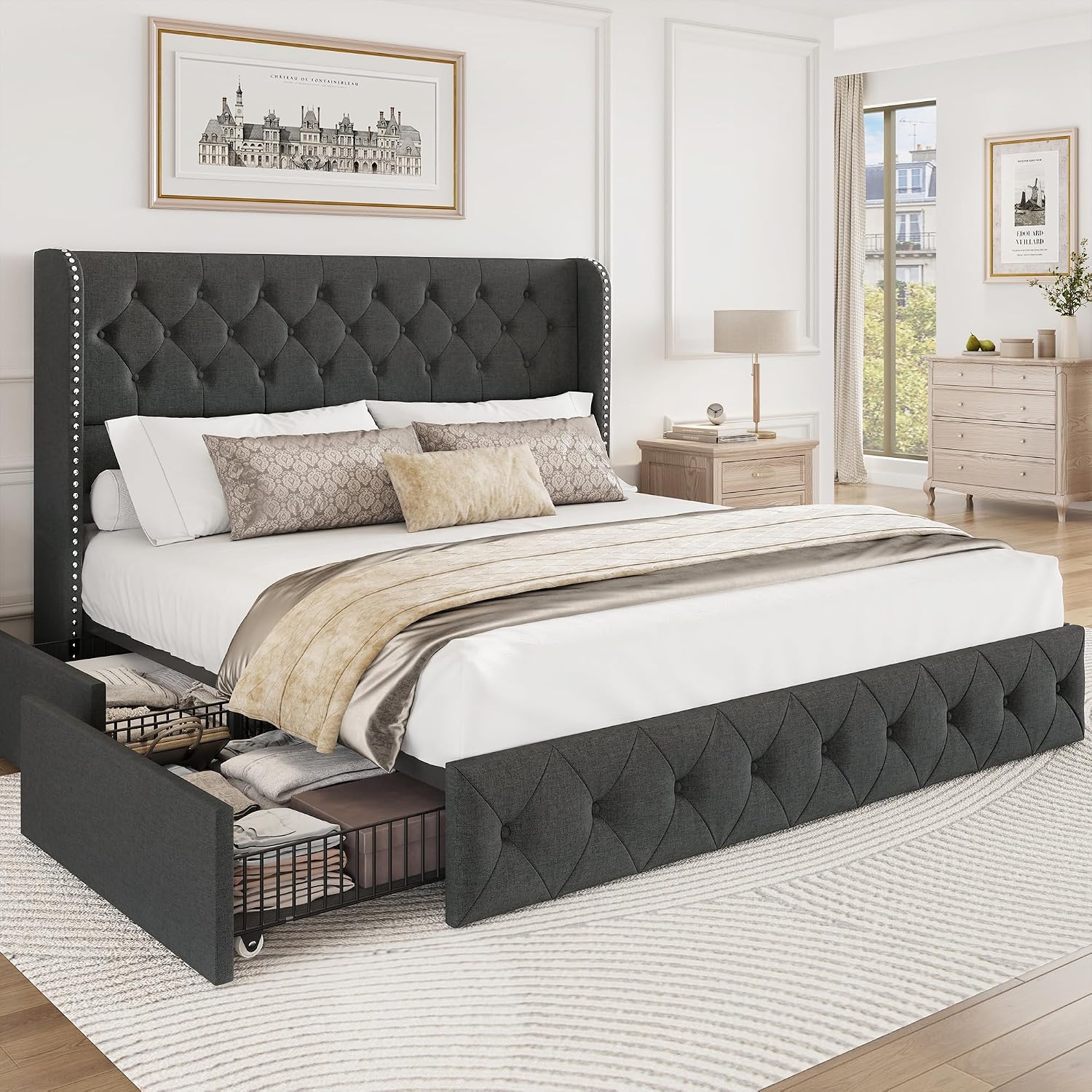 BRELTAM King Size Bed Frame with Storage Drawers and Wingback Headboard Linen Upholstered Platform Bed Frame Tufted Beds with Heavy Duty Wood Slats, Noise Free, Easy Assembly, Dark Grey