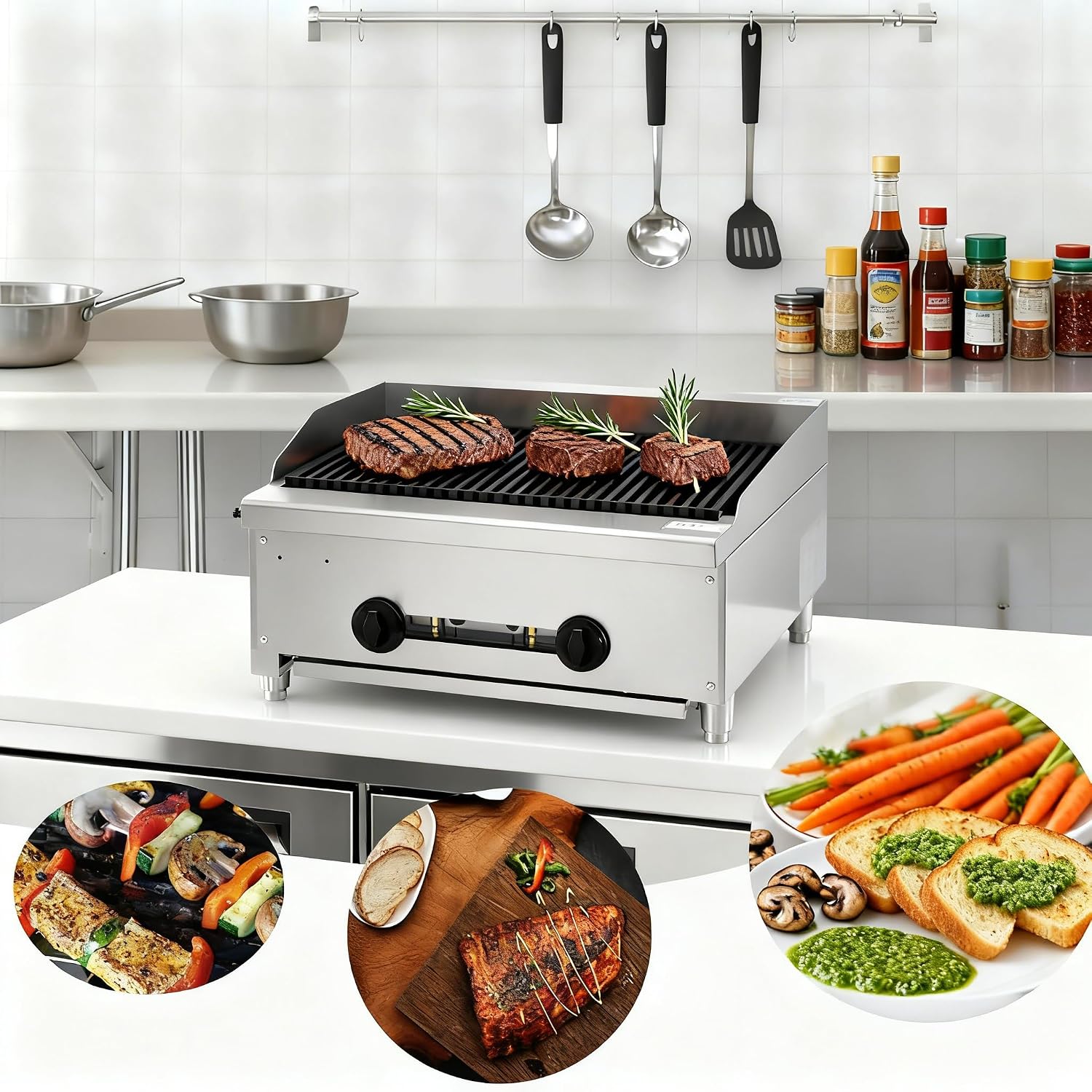 24 Inch Commercial Gas Lava Rock Charbroiler, 2 Burner Stainless Steel Countertop Grill with Durable Cast Iron Grates, BBQ Broiler for Restaurants, Natural Gas/Propane, 56000 BTU