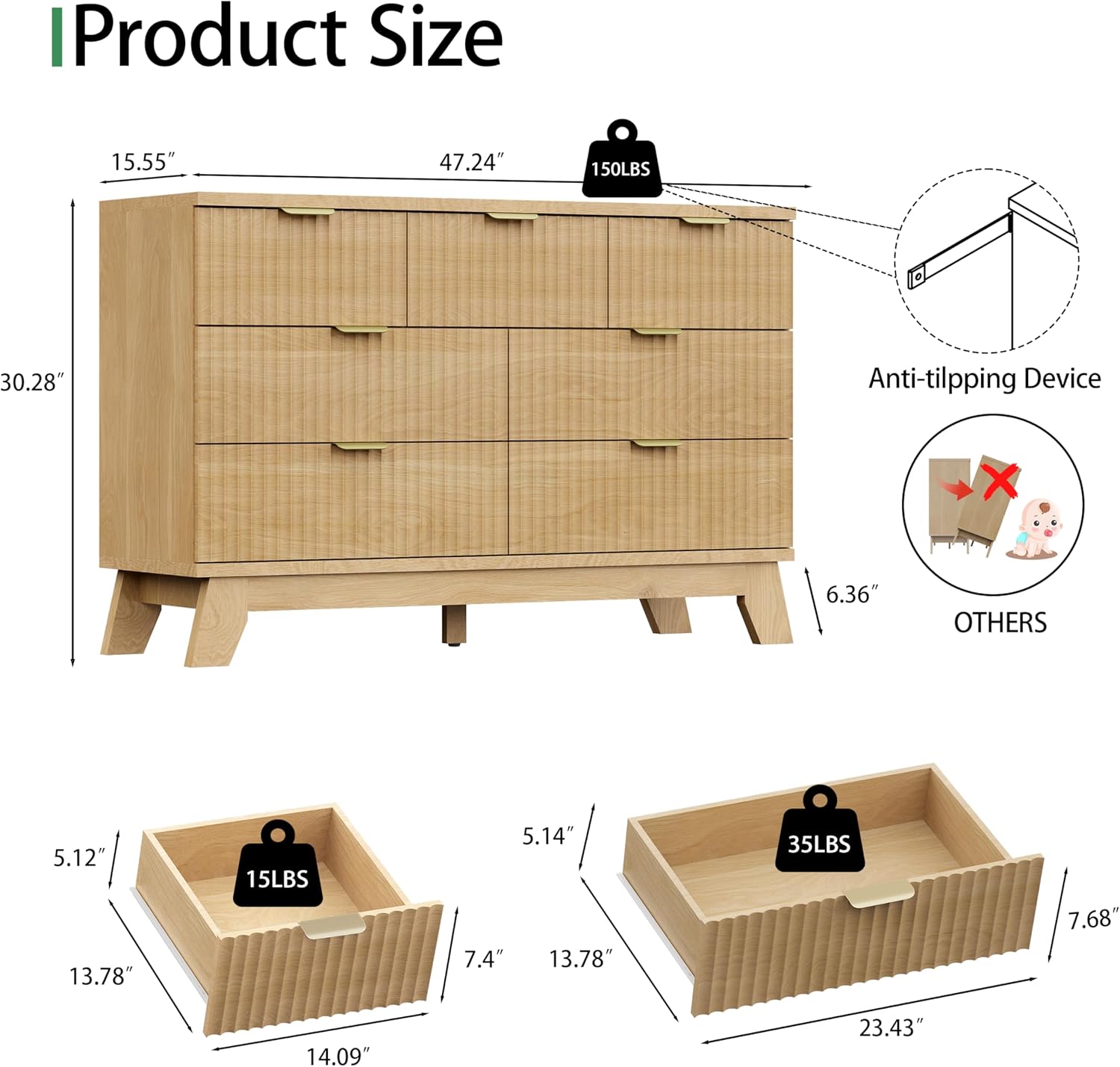 Fluted Dresser for Bedroom with 7 Drawers, 48' Wide Modern Chest of Drawers with Metal Handle, Wood Dresser TV Stand, Wooden Closet Clothes Storage Organizer for Living Room, Hallway, Natural Oak
