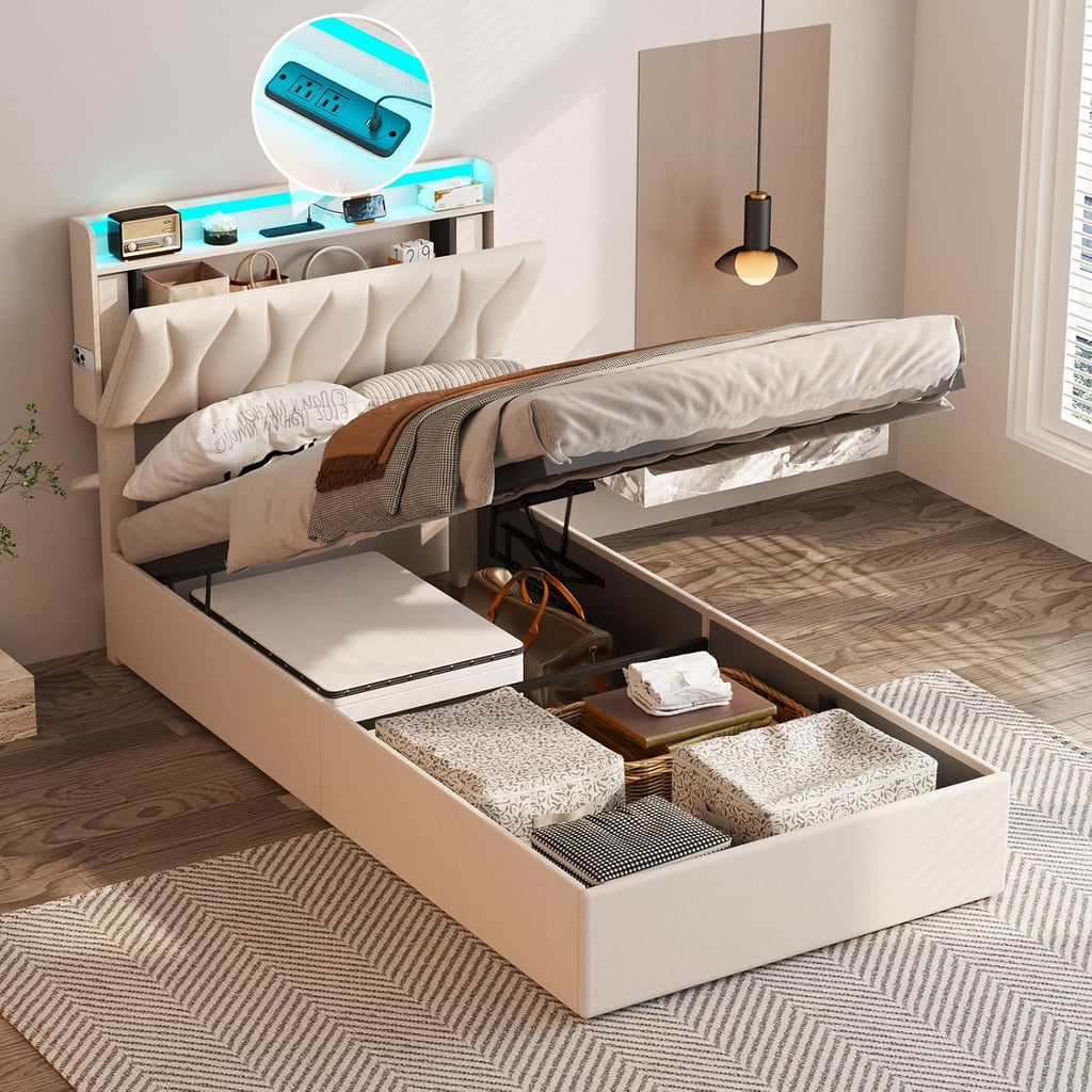 Fameill Twin Size Lift Up Storage Bed Frame with Adjustable Headboard, Charging Station, LED Lights, Wood Slats, Noise-Free, No Box Spring Needed, Beige