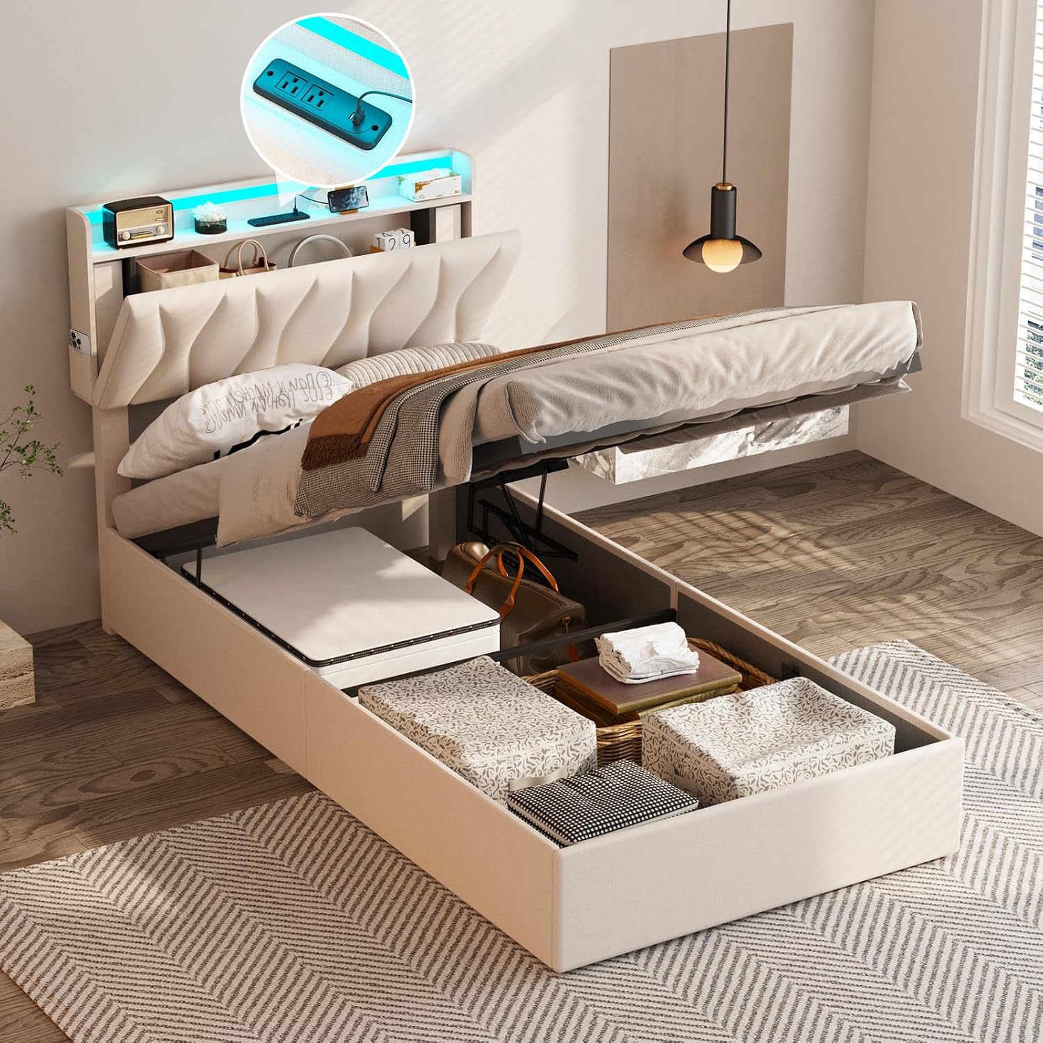 Fameill Twin Size Lift Up Storage Bed Frame with Adjustable Headboard, Charging Station, LED Lights, Wood Slats, Noise-Free, No Box Spring Needed, Beige
