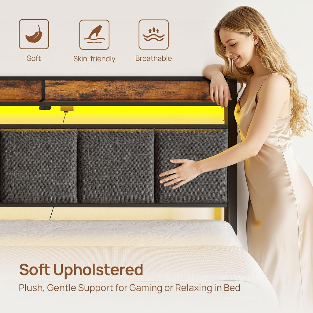 Rolanstar Bed Frame Twin Size with Charging Station and LED Lights, Upholstered Storage Headboard with Drawers, Heavy Duty Metal Slats, No Box Spring Needed, Easy Assembly, Rustic Brown