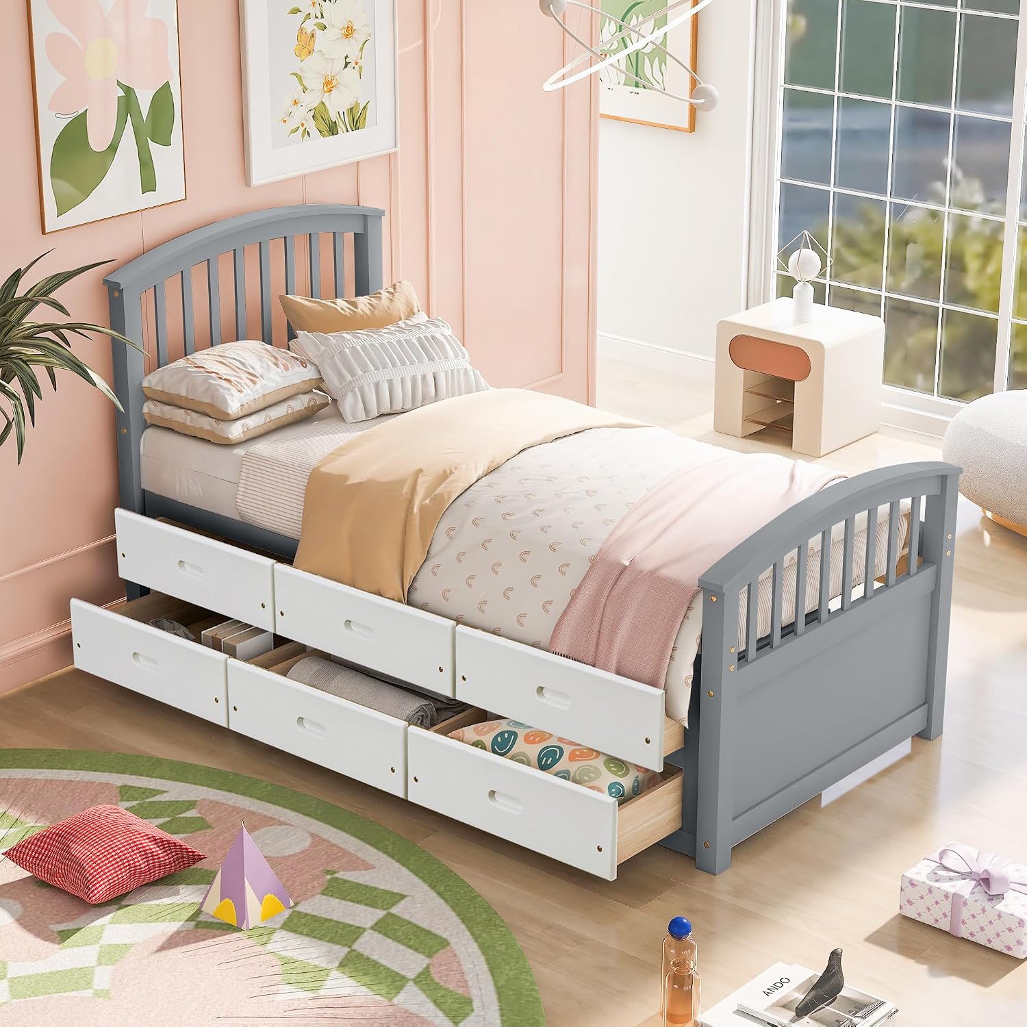 Merax Twin Size Platform Storage Bed Solid Wood Bed with 6 Drawers, Grey+ White