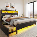 Rolanstar Full Bed Frame with Storage Headboard & 4 Drawers, Metal Platform Bed with Charging Station, LED Single Bed with Side Shelf, No Box Spring Needed, Easy Assembly, Black