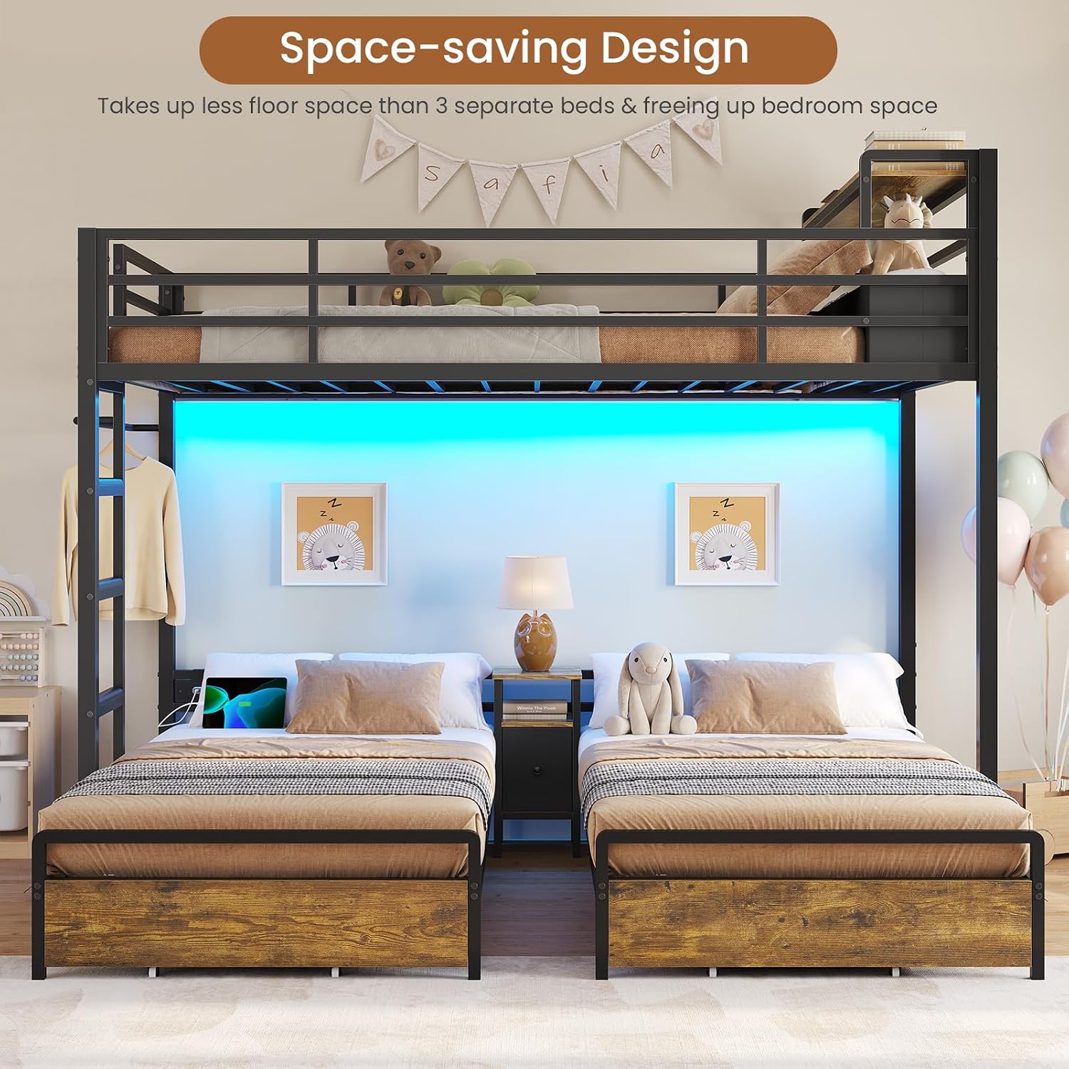 DICTAC Triple Bunk Bed for Kids with Storage Drawers and Charging Station Twin Over Twin Metal Bunk Bed with Storage Shelves and Box,3 Beds with Guardrails and Ladder, No Box Spring Needed, Black