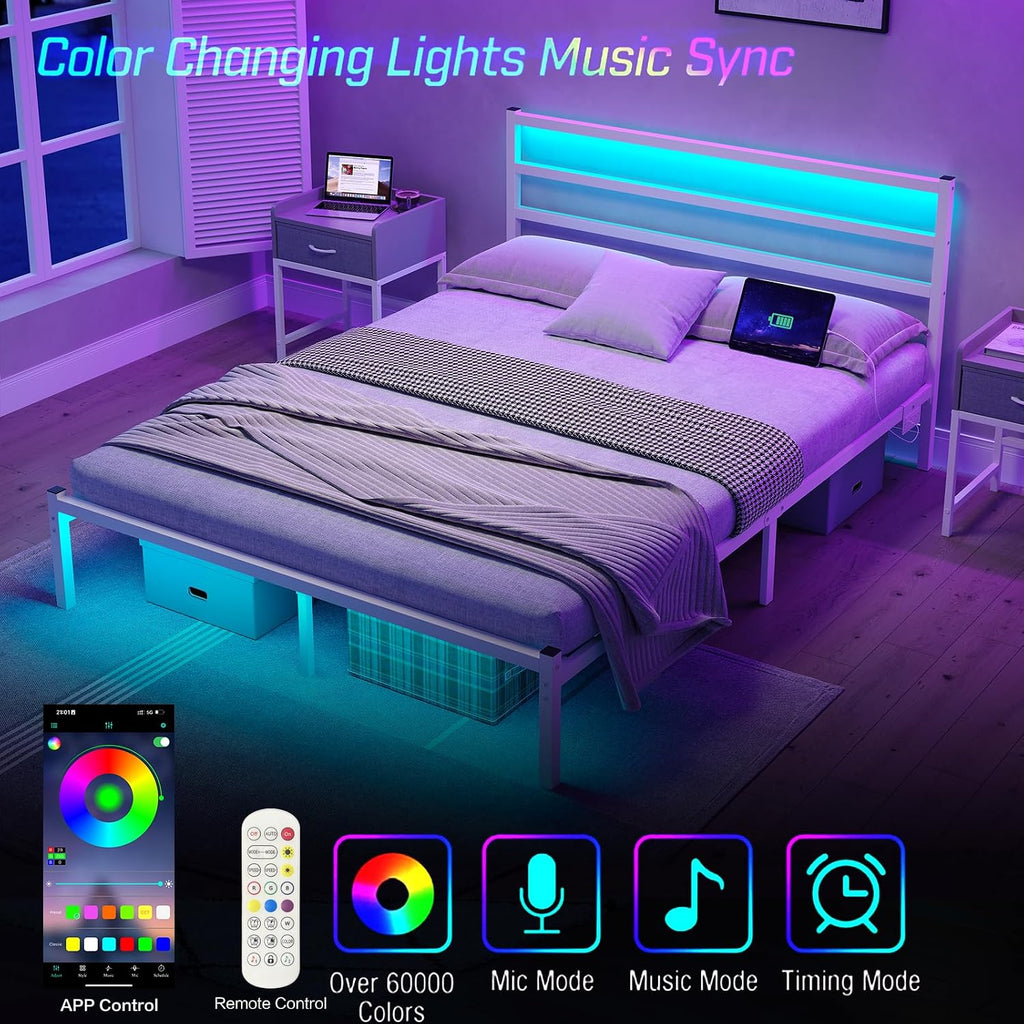 CollaredEagle Full Size Bed Frame with Headboard, Metal Platform Bed Frame with LED, Charging Station, No Box Spring Needed, Easy Assembly, Noise Free, White
