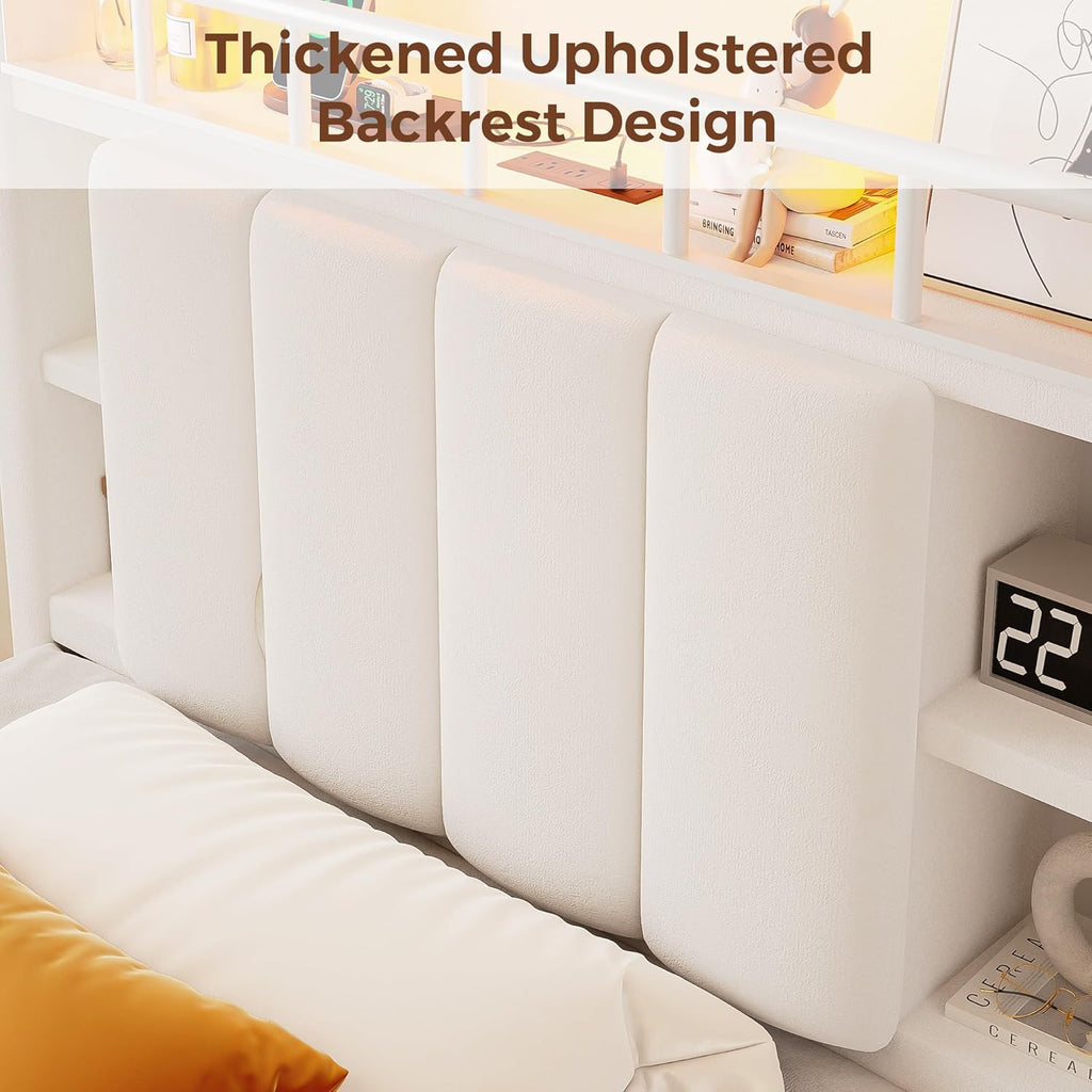 Twin Size Bed Frame with LED Storage Headboard & 2 Storage Drawers, Velvet Upholstered Bed with Vertical Tufted Headboard Design, USB & Type-C Charging Ports, Wooden Slats Support, Noise-Free, Beige