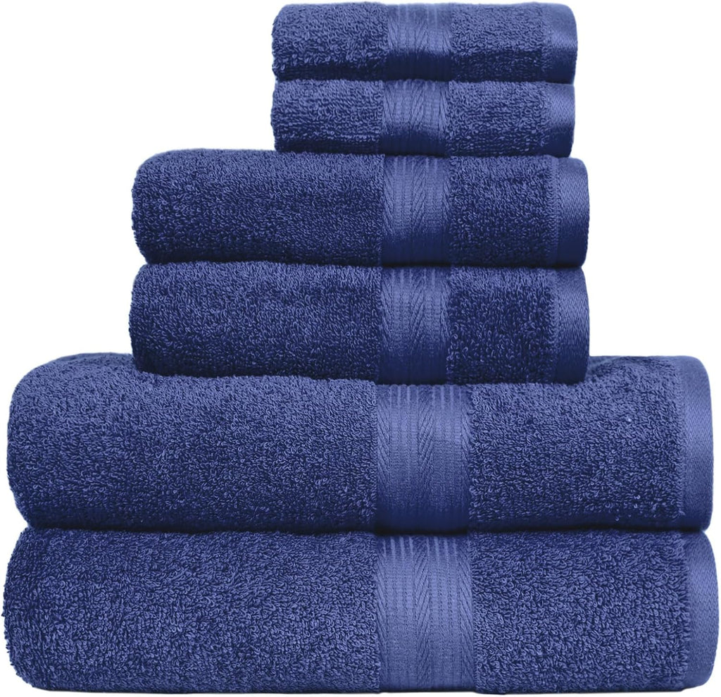 Amazon Basics 6-Piece Fade-Resistant 100% Cotton Towel Set, Soft and Absorbent, 2 BathTowels, 2 HandTowels, 2 Washcloths, Navy Blue (Pack of 6)