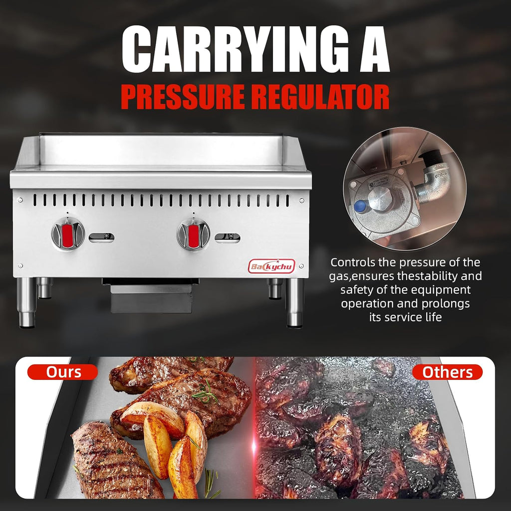 Commercial Gas Griddle - 24' Countertop Griddle. 60,000 BTU Flat Top Griddle, Natural Gas (NG) / Propane, CSA Certified