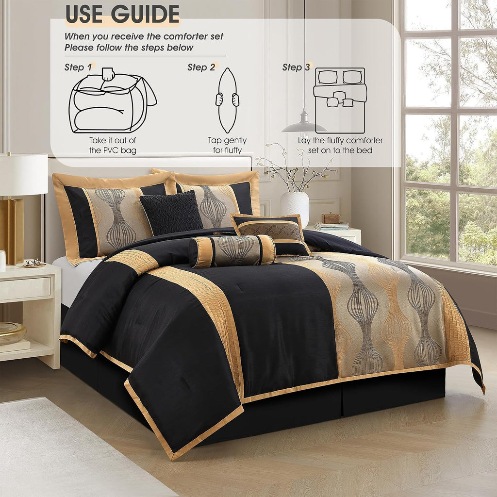 LANCO MODERN LIFESTYLE King Comforter Set, Black Gold, 7 Pieces Bed in a Bag, Ultra Soft Jacquard with Solid Piecework, Luxury Bed Set with Comforters, Bed Skirt, Pillow Shams and Decorative Pillows