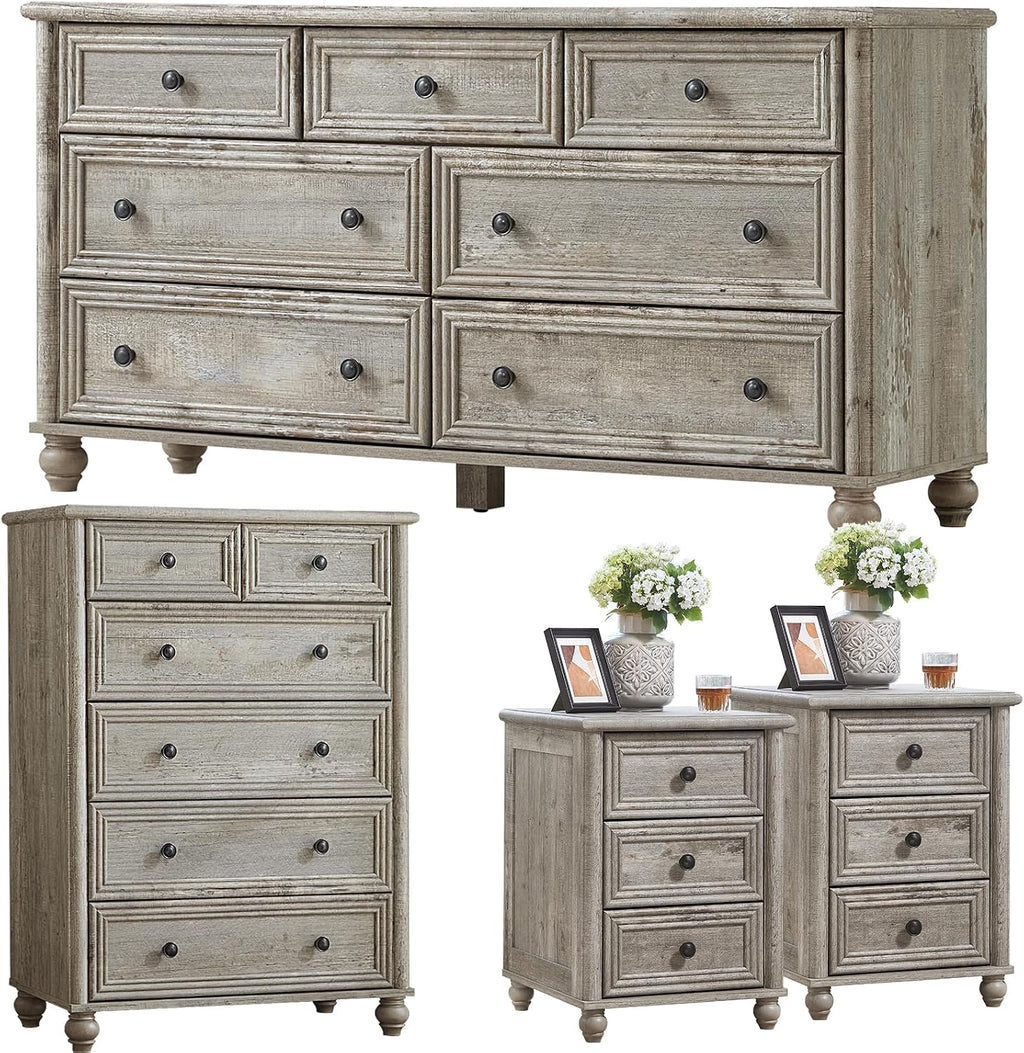 RWYHG Farmhouse Dresser and Nightstand Sets 4 Piece, Wooden 7 Drawers Dresser & 43.5' Tall Chest of Drawers, 18' Roman Column Nightstand Set of 2, Furniture Dressers for Bedroom, Living Room