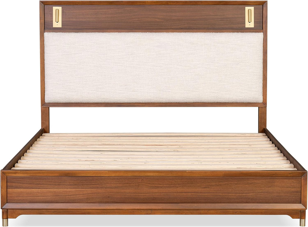 Furniture of America Forma Modern Solid Wood 4-Piece Bedroom Set with Upholstered Bed with LED Lights, Ball-Bearing Glide on Nightstand and Dresser with Mirror, No Box Spring Needed, King, Walnut