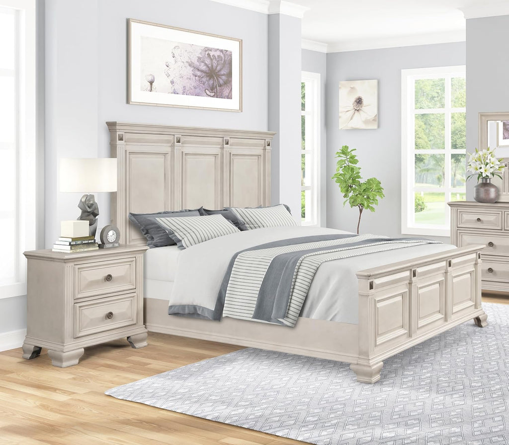 Roundhill Furniture Renova 3-Piece Distressed Parchment Bedroom Set, Bed with 2 Nightstands, King