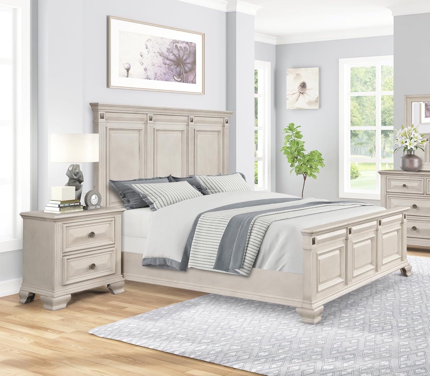 Roundhill Furniture Renova 3-Piece Distressed Parchment Bedroom Set, Bed with 2 Nightstands, King