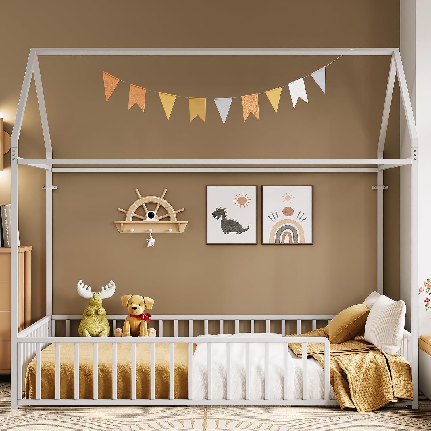 LIKIMIO Twin Floor Bed Frame with Roof & Fence Guardrails Metal House Bed for Bedroom, Easy Assemble, No Box Spring Needed, White