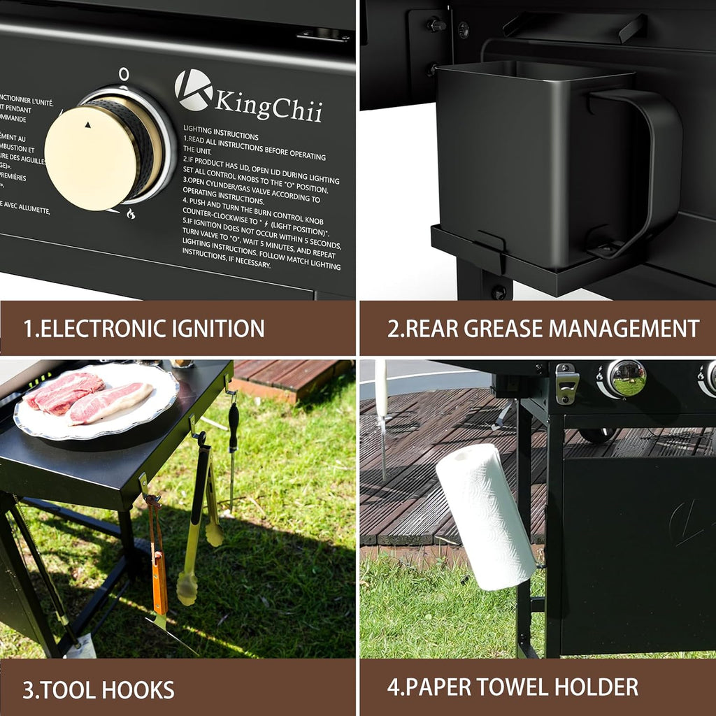 KingChii 28' 3-Burner Griddle with Integrated Protective Hood and Counter Height Side Shelves, Powder Coated Steel, Black