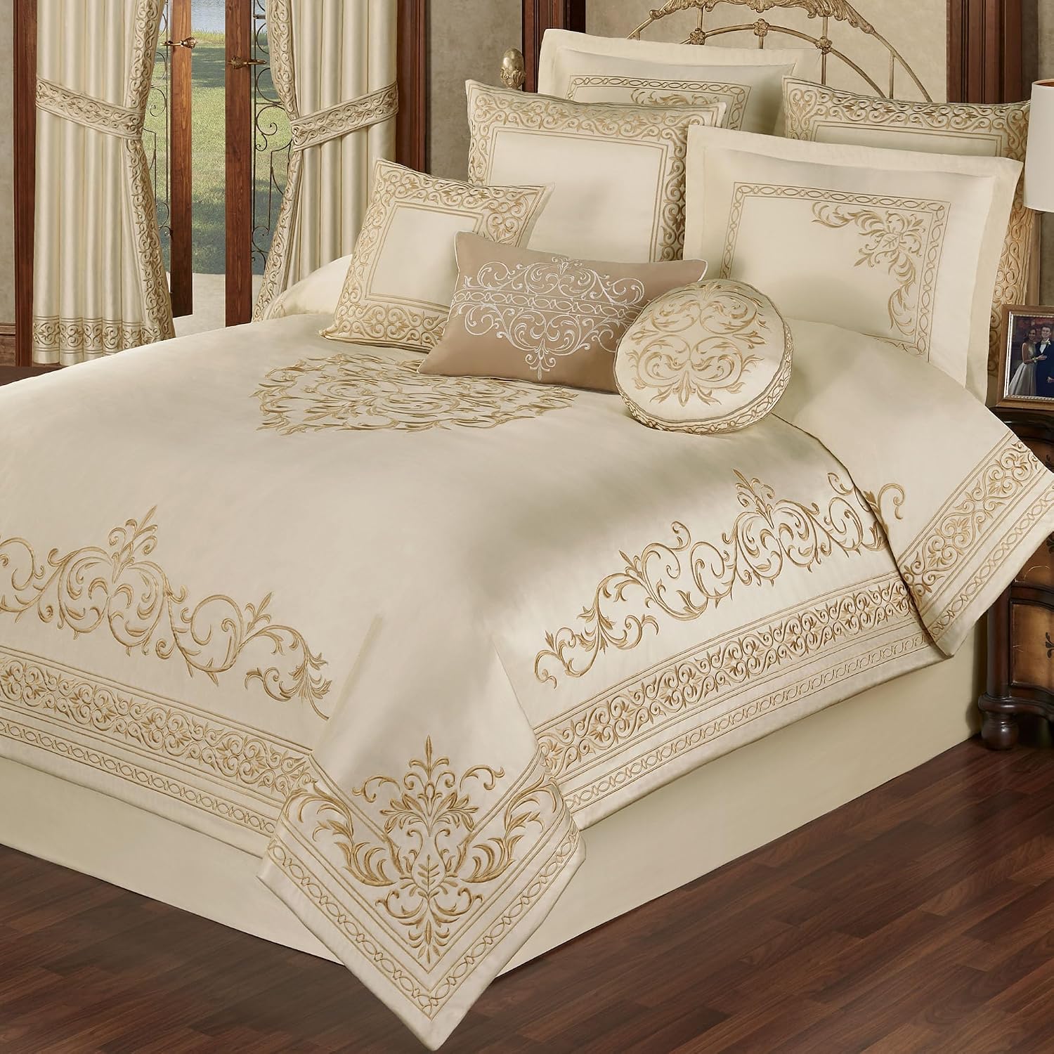 Versailles Luxury Bedding | Classic Neutral Pearl | Palace-Inspired French Style Golden Scrollwork Embroidery on Sateen | 7 Piece Set: Queen Comforter, Bedskirt, 2 Standard Shams & 3 Pillows