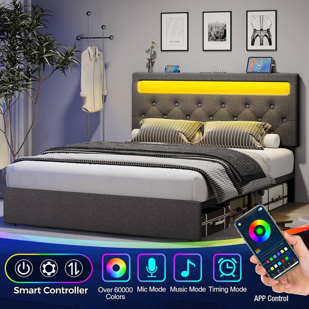 Rolanstar Queen Size Bed Frame with Charging Station, LED Bed with Under Bed Storage, Adjustable Headboard 38.9/40.8 Inches, No Box Spring Needed, Noise Free, Easy Assembly, Grey