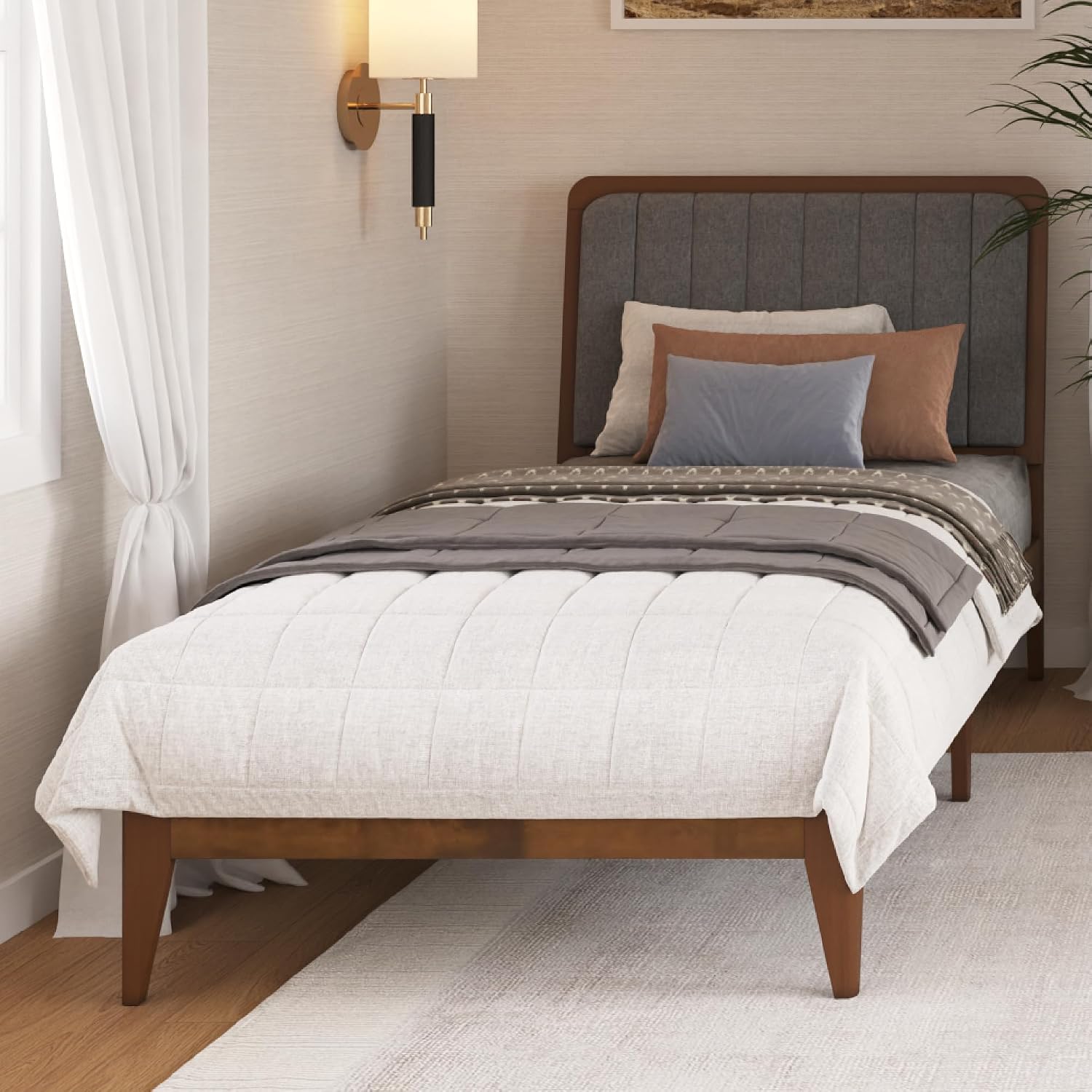DG Casa Raven Solid Wood Twin Size Bed Frame - Mid Century Modern Style, Platform with Tufted Upholstered Adjustable Height Headboard, No Box Spring Required, Walnut Finish, Brown Fabric
