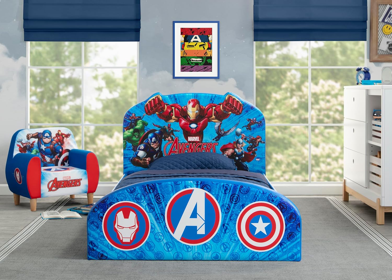 Delta Children Marvel Avengers Upholstered Twin Bed, Blue