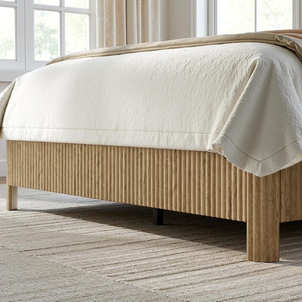 Evermagin Oak Full Bed Frame with Headboard, Mid Century Modern Fluted Platform Bed, Boho Wooden Bed Base No Box Spring Needed, Wavy Grooved Panel