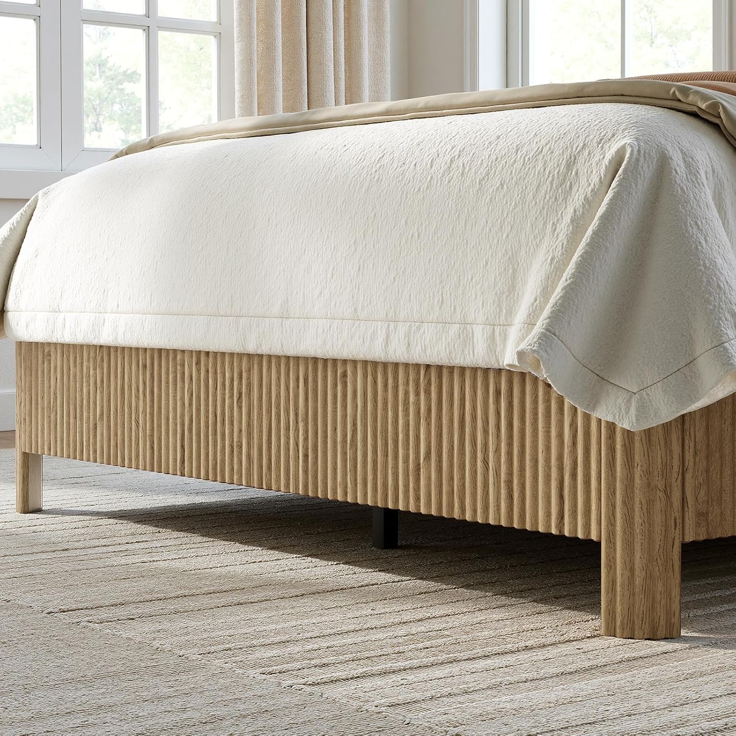 Evermagin Oak Full Bed Frame with Headboard, Mid Century Modern Fluted Platform Bed, Boho Wooden Bed Base No Box Spring Needed, Wavy Grooved Panel