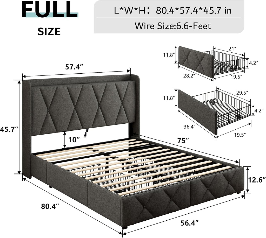 iPormis Full Size Bed Frame with 4 Storage Drawers, Upholstered Platform Bed Frame with Charging Station, Modern Wingback Storage Headboard, Easy Assembly, Dark Grey