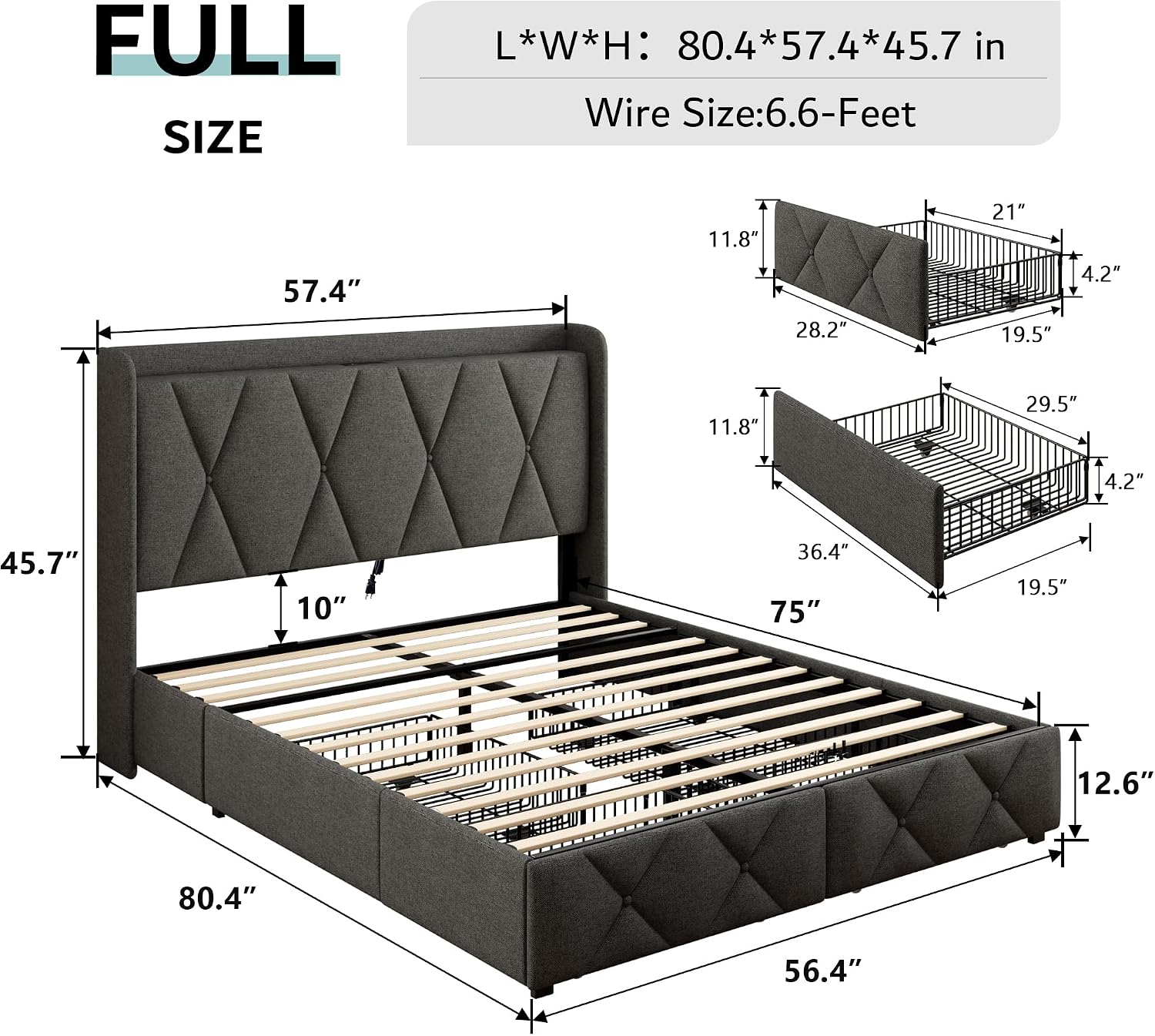 iPormis Full Size Bed Frame with 4 Storage Drawers, Upholstered Platform Bed Frame with Charging Station, Modern Wingback Storage Headboard, Easy Assembly, Dark Grey