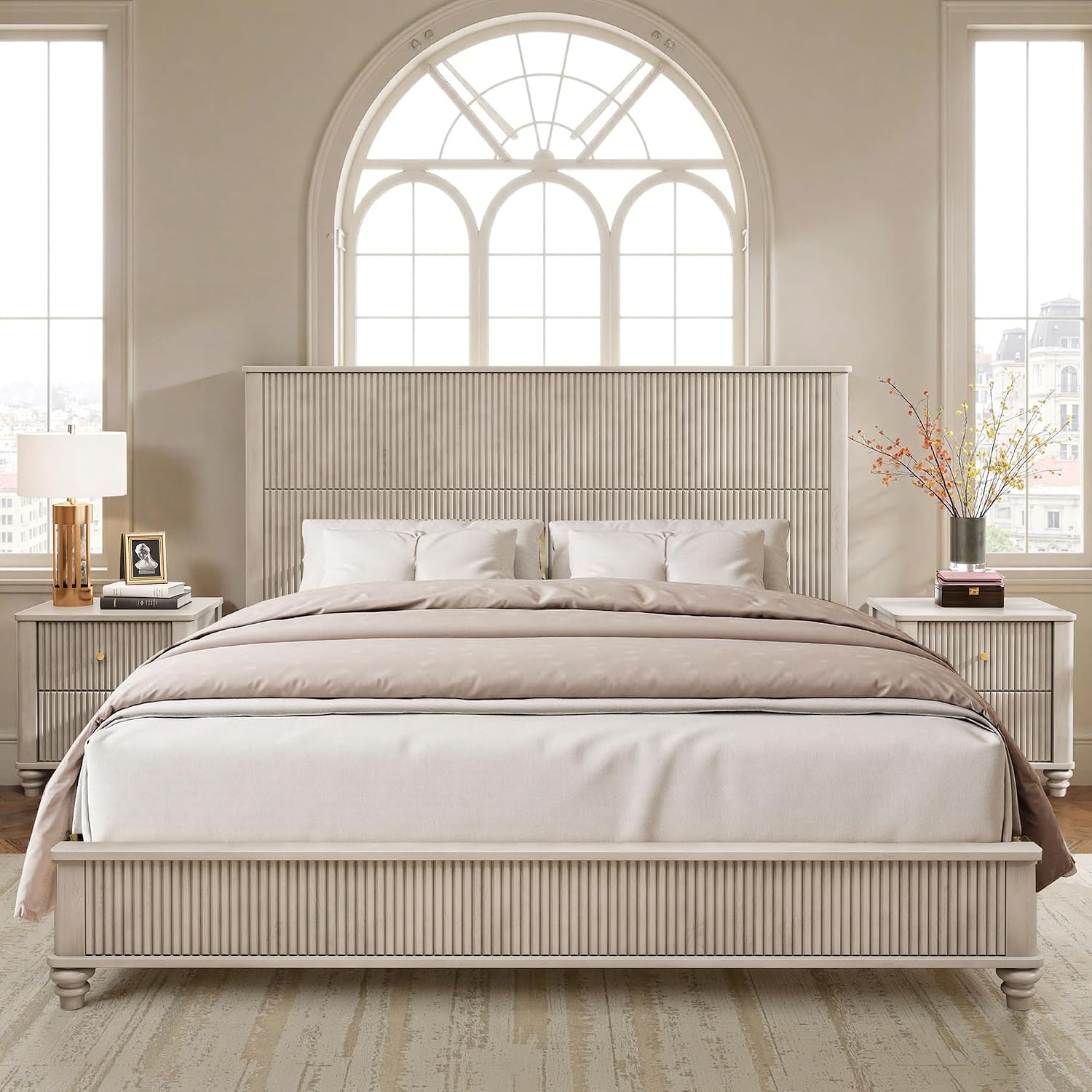 Mirightone King Size Platform Bed with Tall Headboard & Footboard,Rubber Wood King Bed Frame with Wood Panel Bed Base, Solid Wood Legs,No Squeak, No Box Spring Needed, Beige