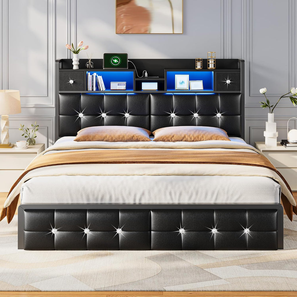 Homkdom Full Size Bed Frame with Hidden Storage Headboard & 4 Drawers,Diamond-Tufted Upholstered Leather Bed Frame Full with LED Lights & Charging Station,No Box Spring Needed,Modern Black
