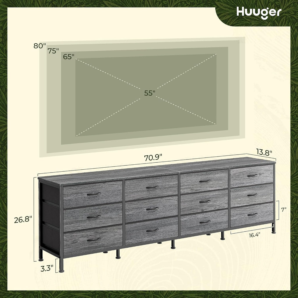 Huuger 70 Inch Dresser for Bedroom, TV Stand for 65, 75, 80 Inch TV, 12 Fabric Drawer Long Dresser, Large Storage Organizer Unit, Wide Chest of Drawer with Storage, for Living Room, Grey