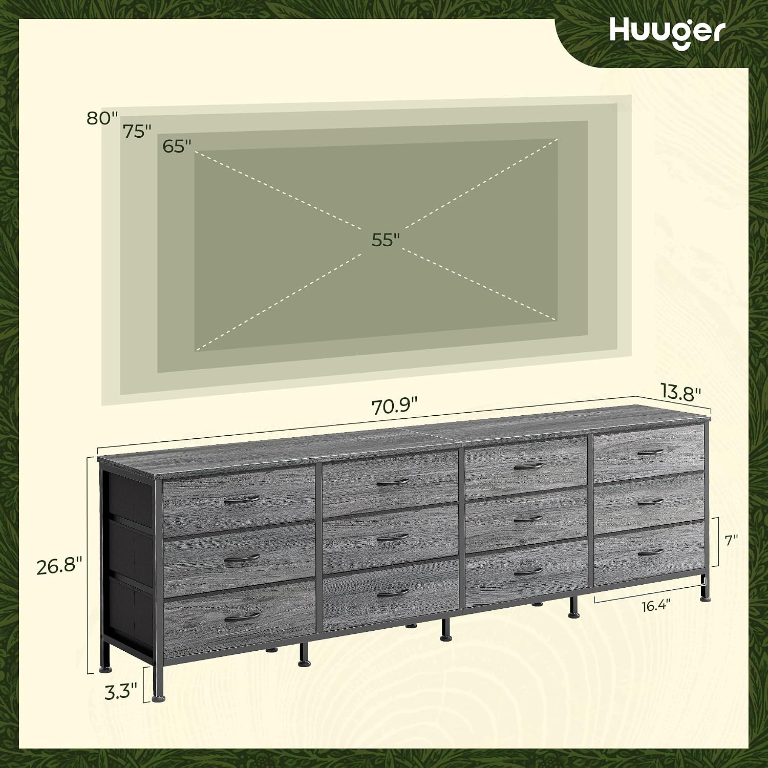 Huuger 70 Inch Dresser for Bedroom, TV Stand for 65, 75, 80 Inch TV, 12 Fabric Drawer Long Dresser, Large Storage Organizer Unit, Wide Chest of Drawer with Storage, for Living Room, Grey