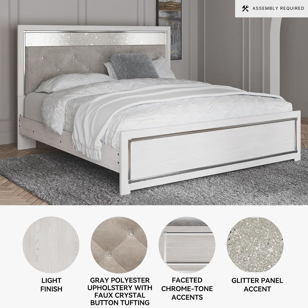 Signature Design by Ashley Altyra Contemporary Adjustable Tufted King Upholstered Panel Bed with LED Lights and Metal Slats, Foundation or Box Spring Needed, White & Gray