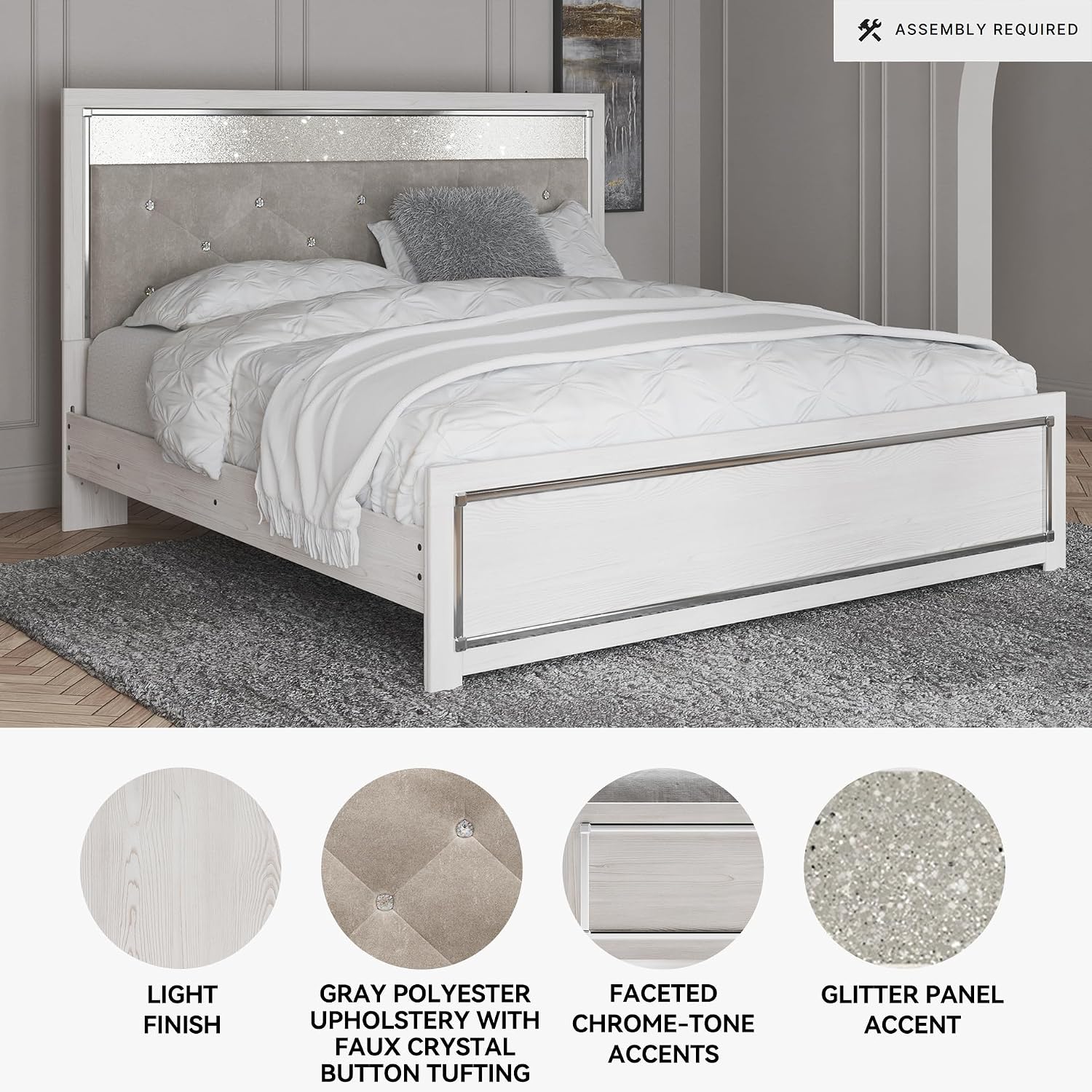 Signature Design by Ashley Altyra Contemporary Adjustable Tufted King Upholstered Panel Bed with LED Lights and Metal Slats, Foundation or Box Spring Needed, White & Gray