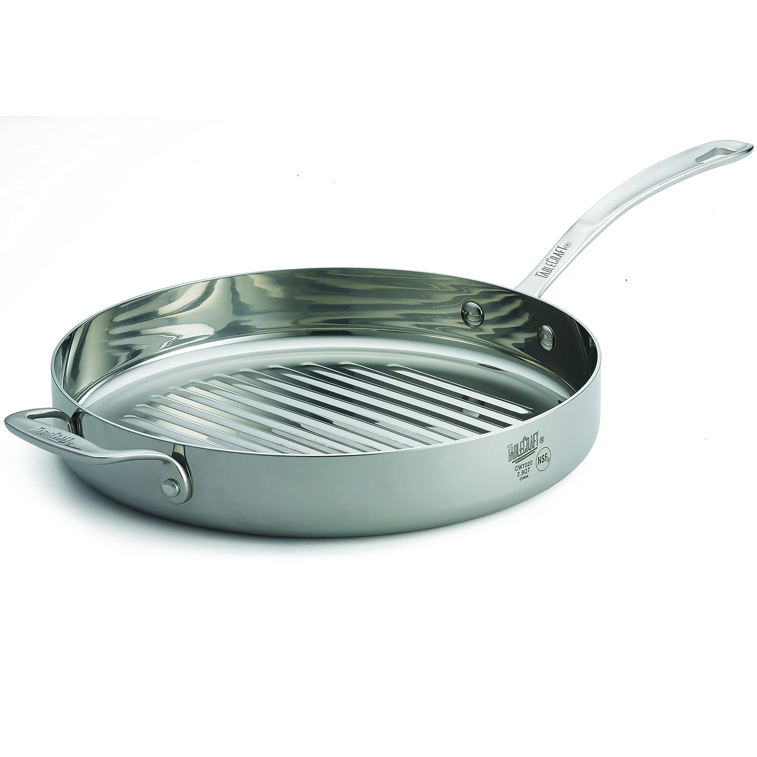 TableCraft CW7020, Tri-Ply Grill Pan, 11' Diameter, Helper Handles, Stainless Steel, Induction Ready, Mirror Finish, Dishwasher Safe, 3 Qt Capacity, Ideal for All Cooktops